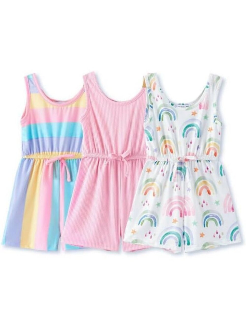 Girls' Summer Rompers 3-Pack, Sleeveless Jumpsuits, Soft Stretch Fabric, Ages